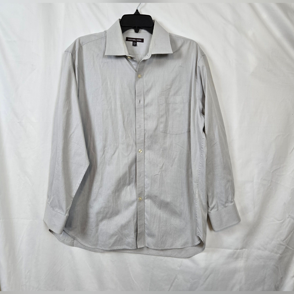 Michael Kors Men's Classic Light Gray Thin Stripe Career Button Shirt 17 32/33